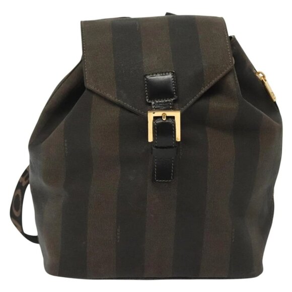 FENDI Pecan Canvas Backpack PVC Brown Black gold Auth 139650 main image 11